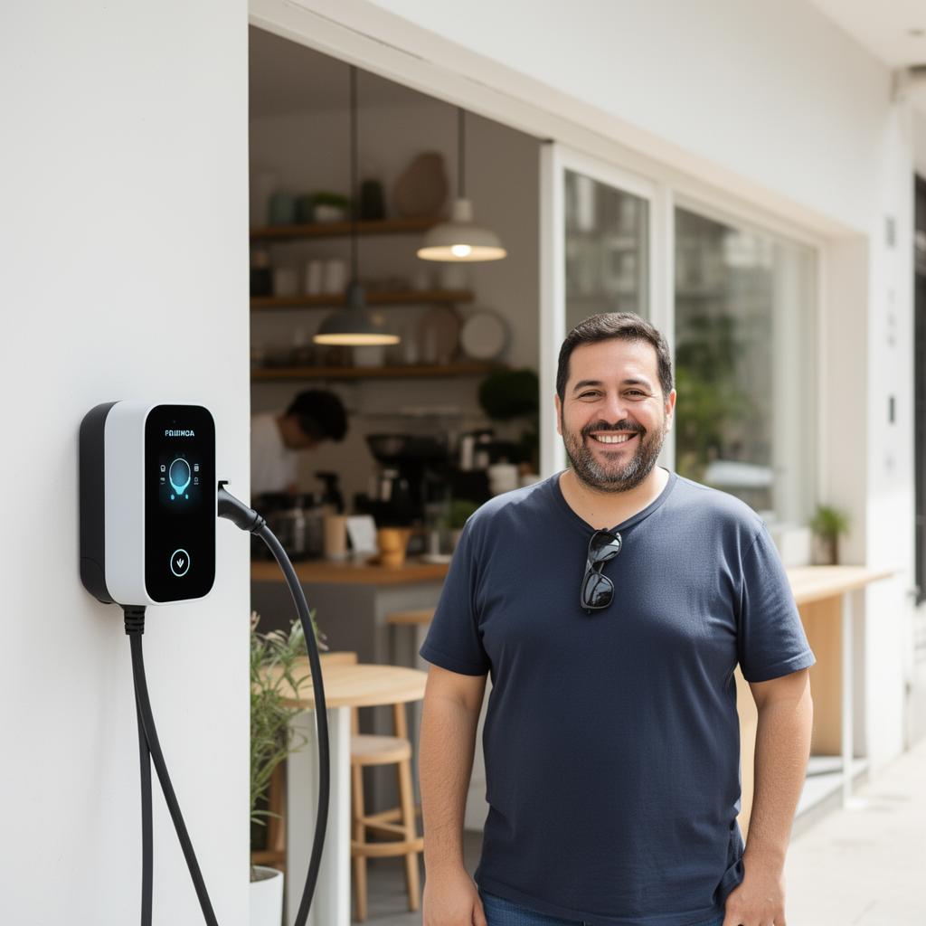 Dueño de cafetería frente a su cargador Mela-E